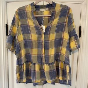 NWT! Gold and blue plaid peplum style top